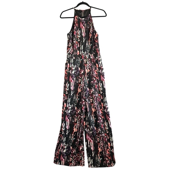 BEBE Floral Halter Wide Leg Jumpsuit Black Multicolor Floral Print Size 6 NWOT - Picture 1 of 15